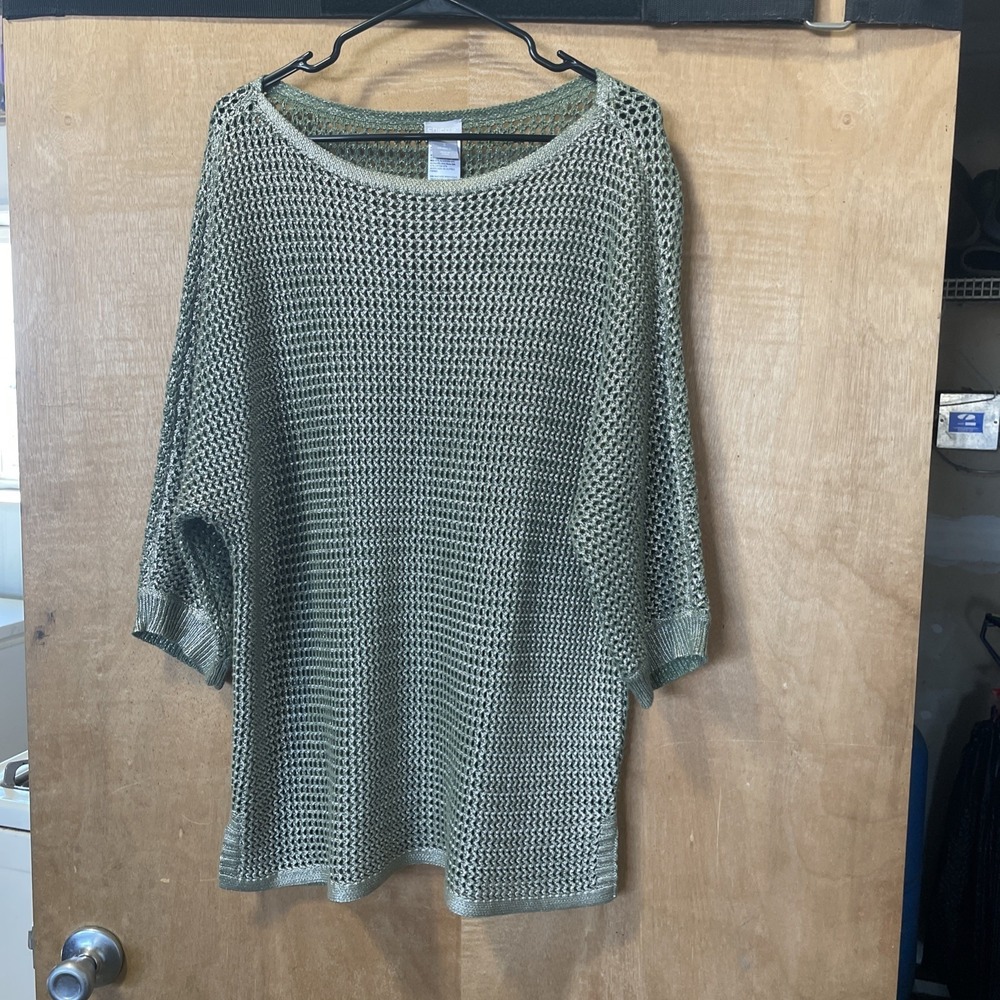 Chicos Green And Gold Metallic Open Knit Tunic Sweater Size 3